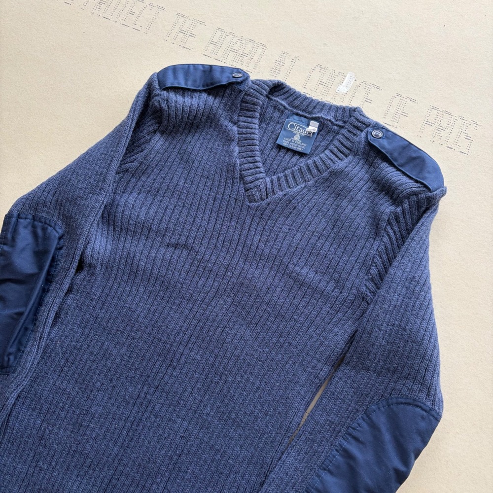 Vintage 90s Citadel Military Style Wool V-Neck Sweater Navy Blue